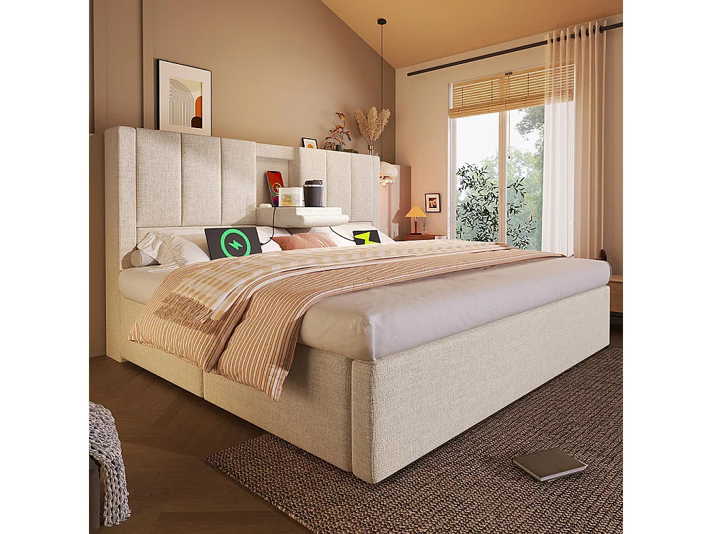 Lit coffre rembourré 180x200 cm avec porte-gobelet - Ports USB et Type C - Lit hydraulique avec rangement - Lin - Beige