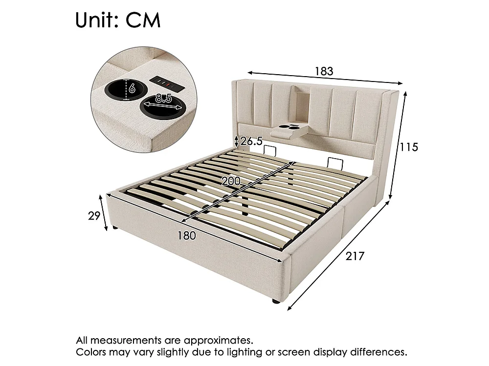 Lit coffre rembourré 180x200 cm avec porte-gobelet - Ports USB et Type C - Lit hydraulique avec rangement - Lin - Beige
