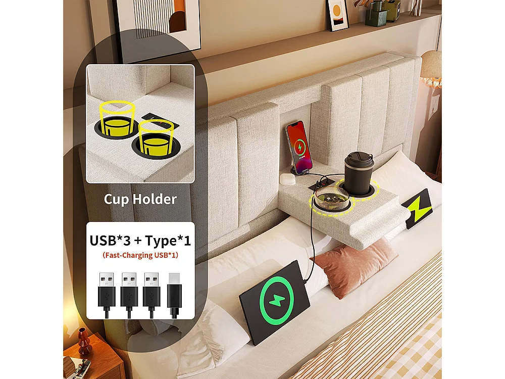 Lit coffre rembourré 180x200 cm avec porte-gobelet - Ports USB et Type C - Lit hydraulique avec rangement - Lin - Beige