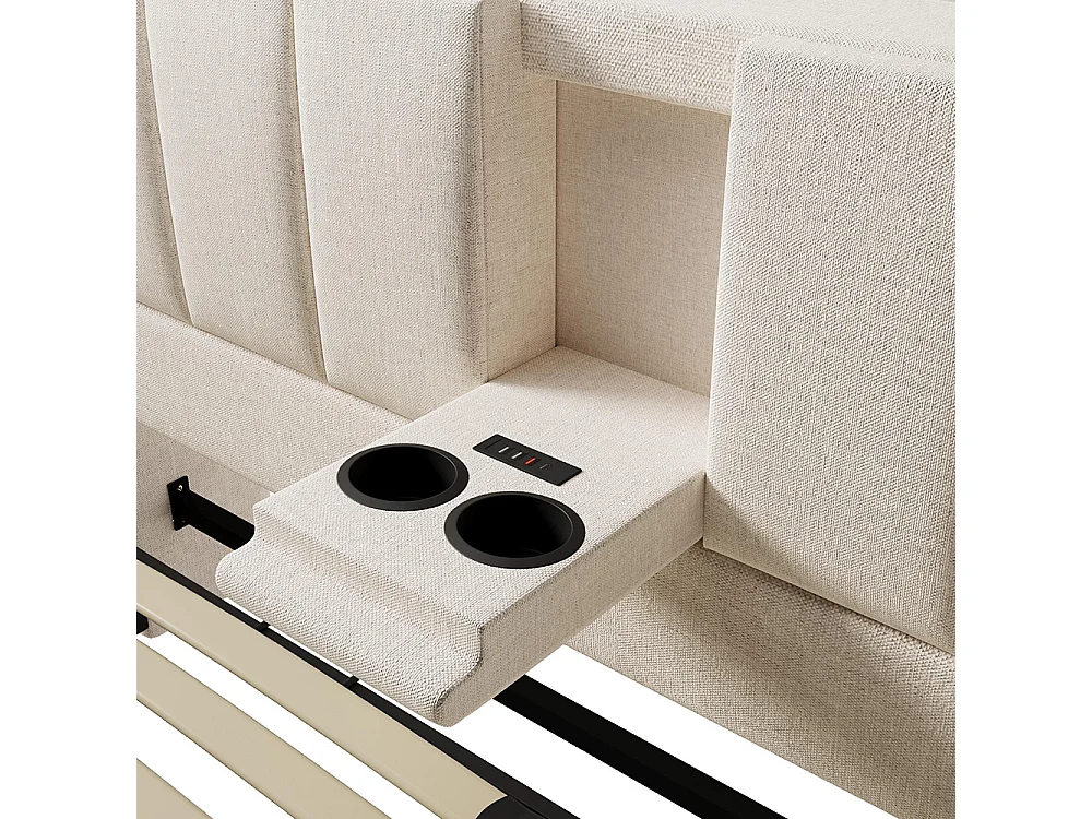 Lit coffre rembourré 180x200 cm avec porte-gobelet - Ports USB et Type C - Lit hydraulique avec rangement - Lin - Beige