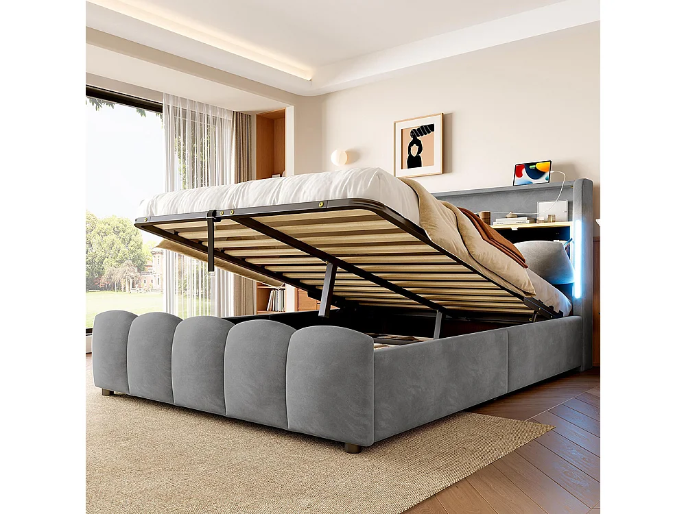 Lit coffre rembourré 140 x 200 cm, éclairage LED, tête de lit avec compartiment de rangement, lit hydraulique, ports USB et Type-C, velours, gris