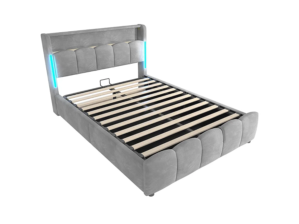 Lit coffre rembourré 140 x 200 cm, éclairage LED, tête de lit avec compartiment de rangement, lit hydraulique, ports USB et Type-C, velours, gris