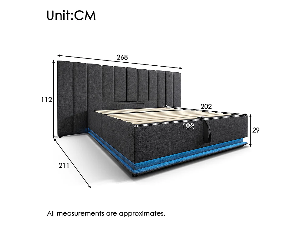 Lit coffre rembourré en lin 180x200 cm - App Control LED - Ports USB-C - Sommier à lattes - Gris
