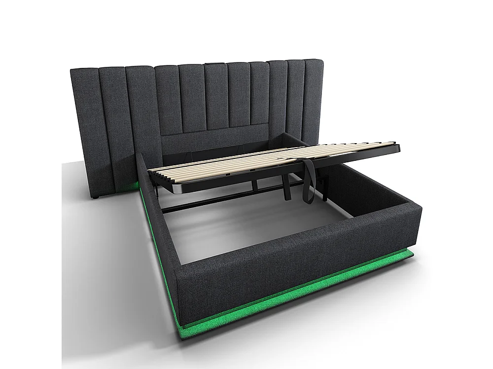 Lit coffre rembourré en lin 180x200 cm - App Control LED - Ports USB-C - Sommier à lattes - Gris