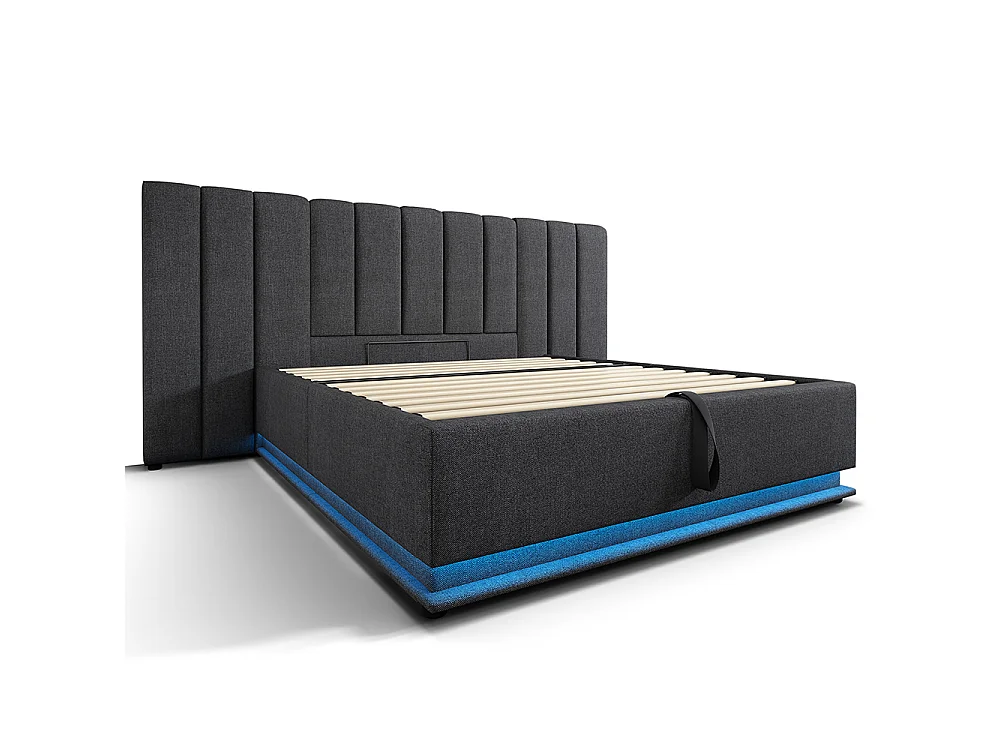 Lit coffre rembourré en lin 180x200 cm - App Control LED - Ports USB-C - Sommier à lattes - Gris