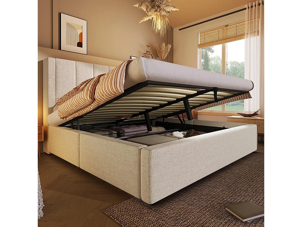 Lit coffre rembourré 140x200 cm avec porte-gobelet - Ports USB et Type C - Lit hydraulique avec rangement - Lin - Beige