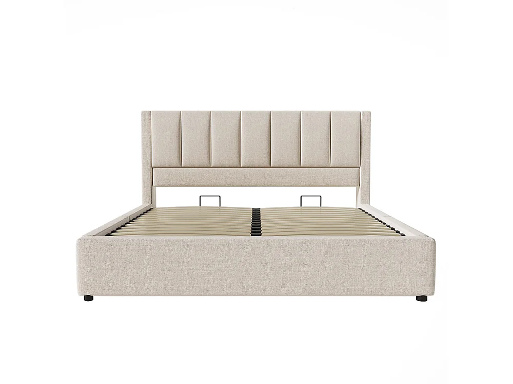 Lit coffre rembourré 140x200 cm avec porte-gobelet - Ports USB et Type C - Lit hydraulique avec rangement - Lin - Beige
