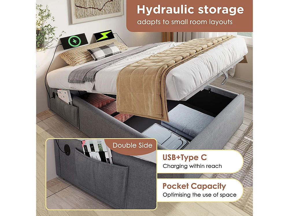 Lit coffre rembourré 90x200 cm - Prise USB C - Sommier à lattes - sans tête de lit - Lin - Gris