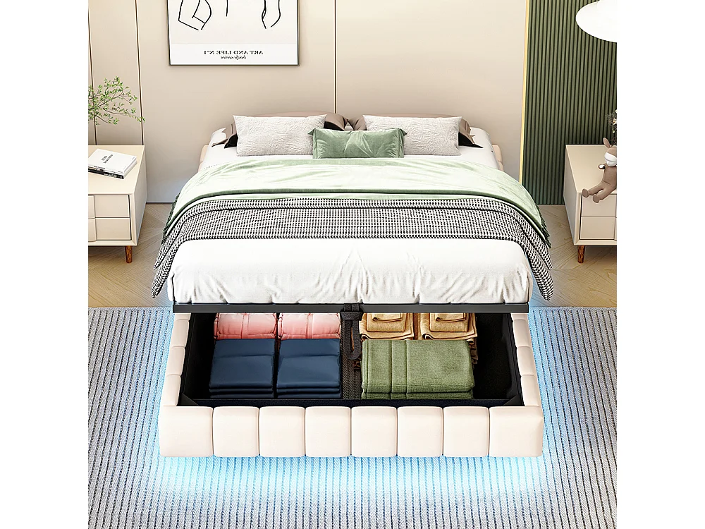 Lit coffre - 140x200 - Lin beige - Éclairage LED réglable - Rangement hydraulique - Sommier inclus