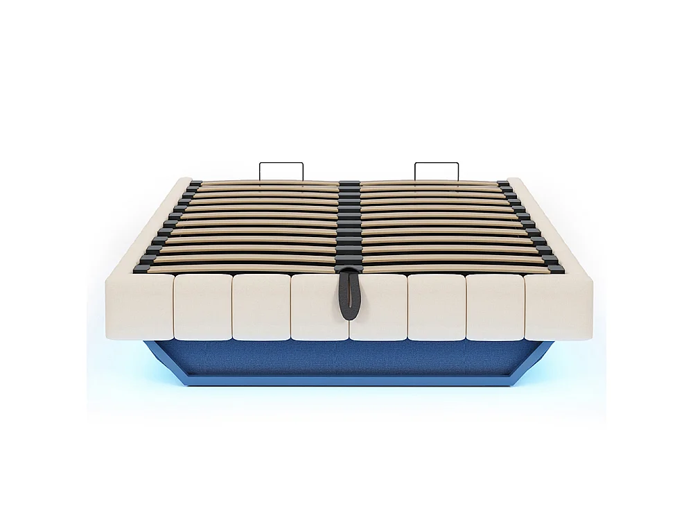 Lit coffre - 140x200 - Lin beige - Éclairage LED réglable - Rangement hydraulique - Sommier inclus