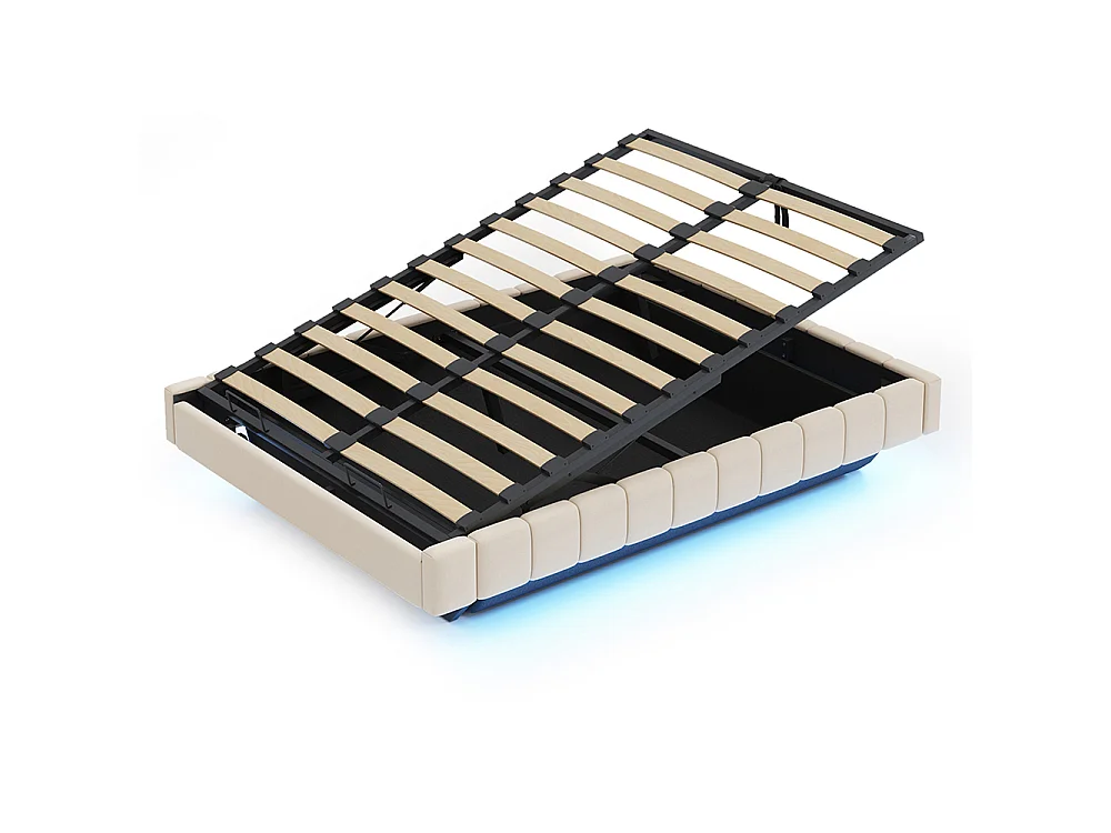 Lit coffre - 140x200 - Lin beige - Éclairage LED réglable - Rangement hydraulique - Sommier inclus