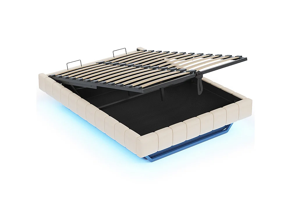 Lit coffre - 140x200 - Lin beige - Éclairage LED réglable - Rangement hydraulique - Sommier inclus