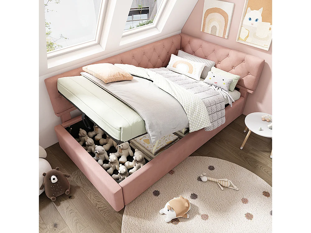 Lit coffre rembourré 90x190 cm - Canapé-lit avec rangement hydraulique - Lit enfant - Sommier à lattes - Velours - Rose