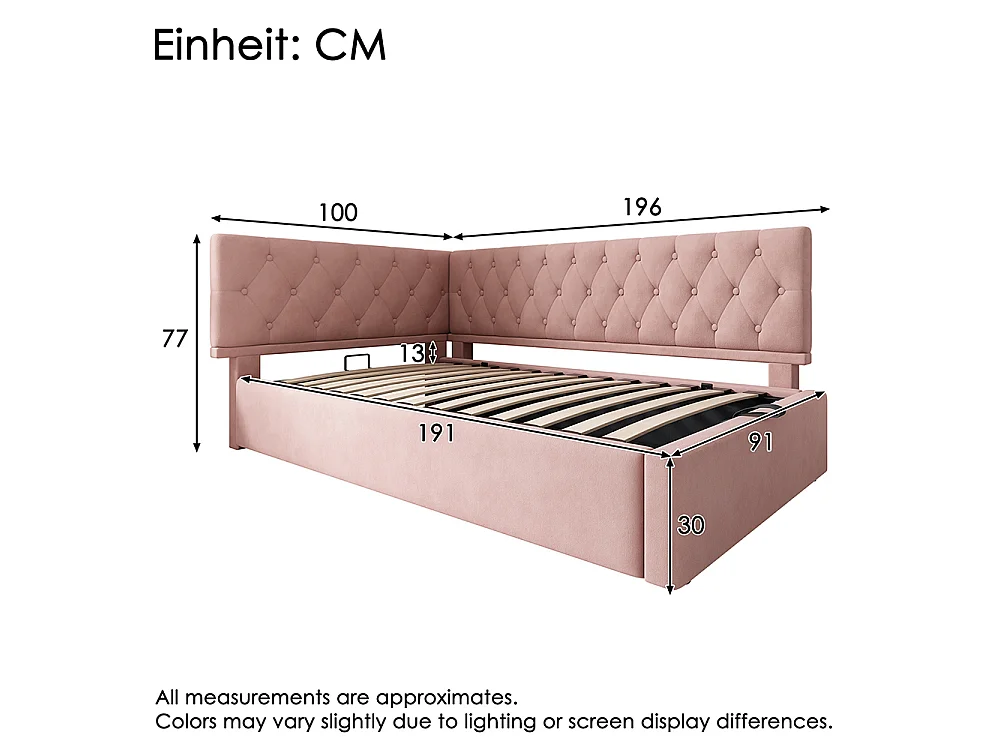 Lit coffre rembourré 90x190 cm - Canapé-lit avec rangement hydraulique - Lit enfant - Sommier à lattes - Velours - Rose