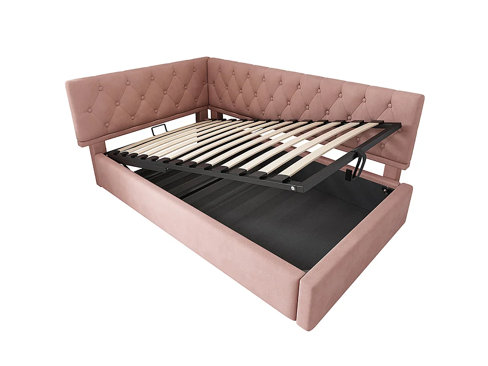 Lit coffre rembourré 90x190 cm - Canapé-lit avec rangement hydraulique - Lit enfant - Sommier à lattes - Velours - Rose