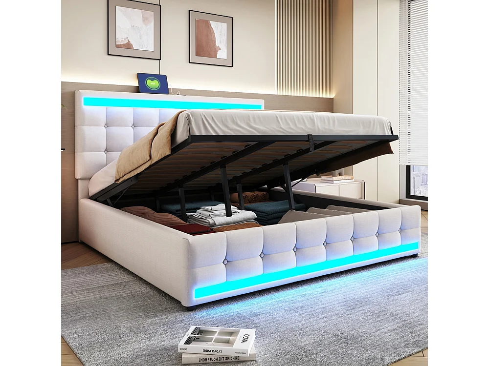 Lit coffre rembourré 180x200 cm - rangement hydraulique - port USB - éclairage LED - Tête de lit réglable en hauteur - lin - beige