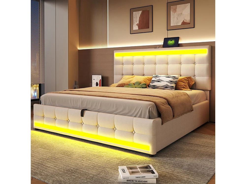 Lit coffre rembourré 180x200 cm - rangement hydraulique - port USB - éclairage LED - Tête de lit réglable en hauteur - lin - beige