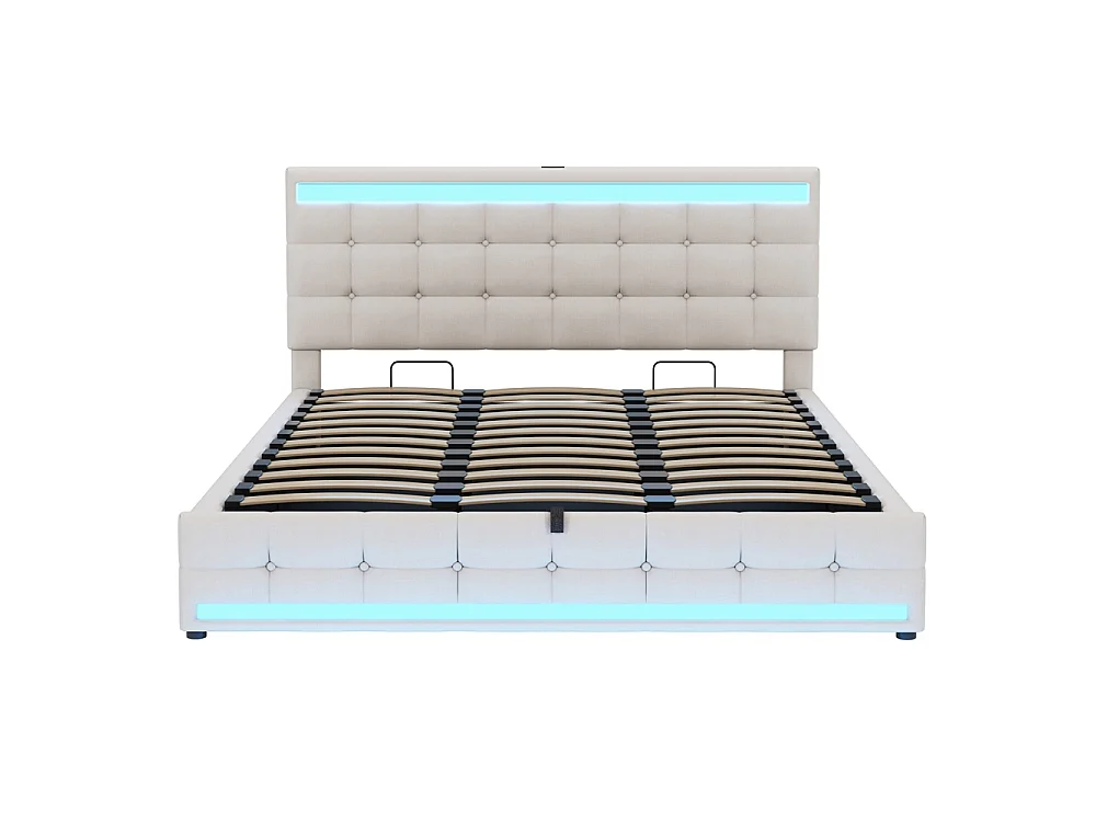 Lit coffre rembourré 180x200 cm - rangement hydraulique - port USB - éclairage LED - Tête de lit réglable en hauteur - lin - beige
