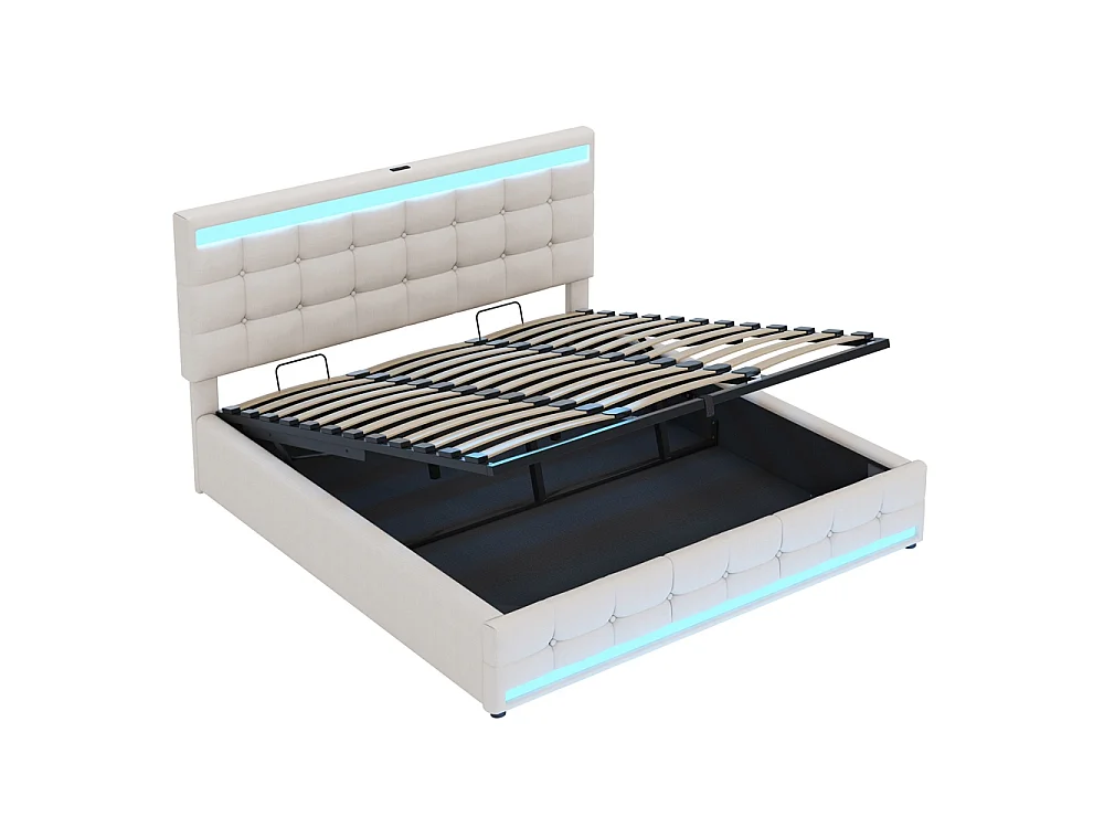 Lit coffre rembourré 180x200 cm - rangement hydraulique - port USB - éclairage LED - Tête de lit réglable en hauteur - lin - beige