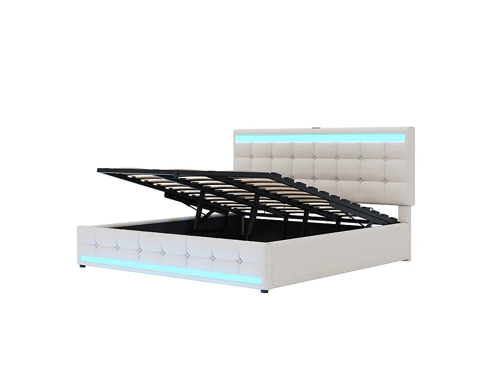 Lit coffre rembourré 180x200 cm - rangement hydraulique - port USB - éclairage LED - Tête de lit réglable en hauteur - lin - beige