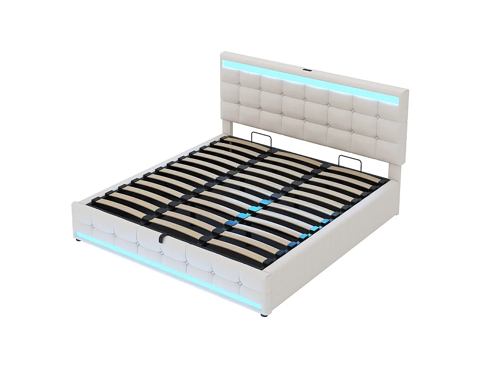 Lit coffre rembourré 180x200 cm - rangement hydraulique - port USB - éclairage LED - Tête de lit réglable en hauteur - lin - beige