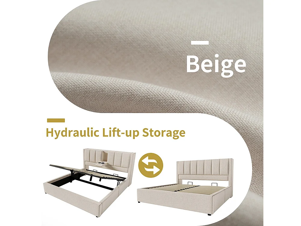 Lit coffre rembourré 140x190 cm avec porte-gobelet - Ports USB et Type C - Lit hydraulique avec rangement - Lin - Beige