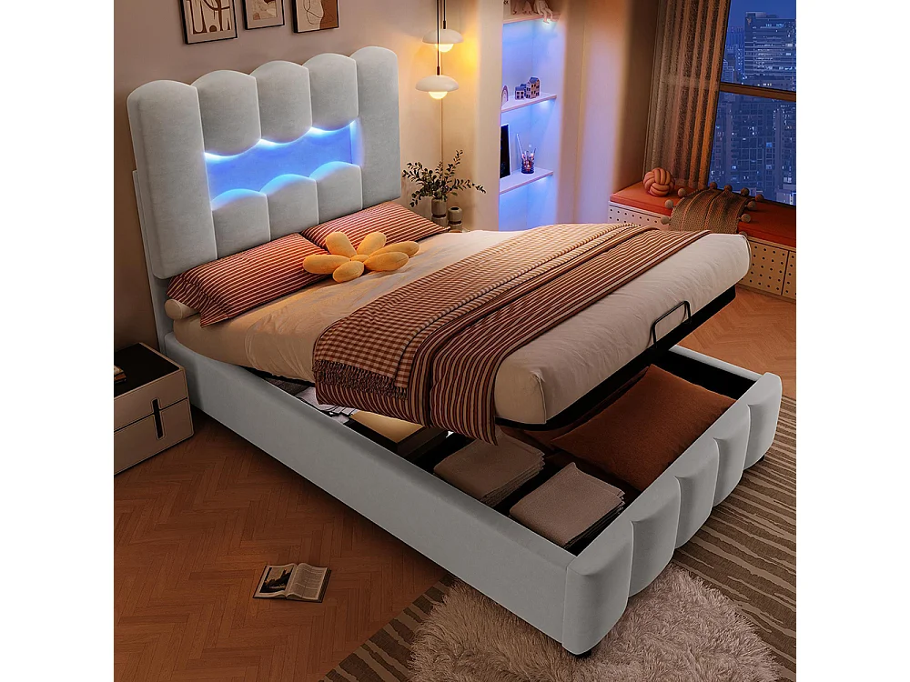 Lit coffre rembourré 90 x 200 cm - avec éclairage LED - tête de lit réglable - lit hydraulique avec rangement - velours - gris