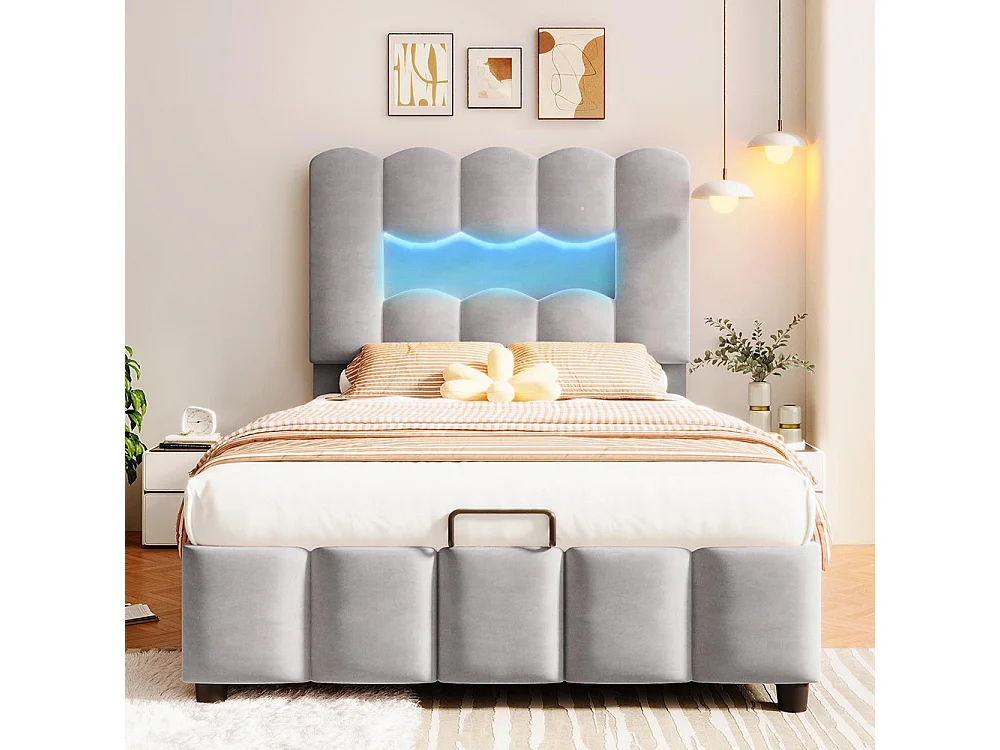Lit coffre rembourré 90 x 200 cm - avec éclairage LED - tête de lit réglable - lit hydraulique avec rangement - velours - gris
