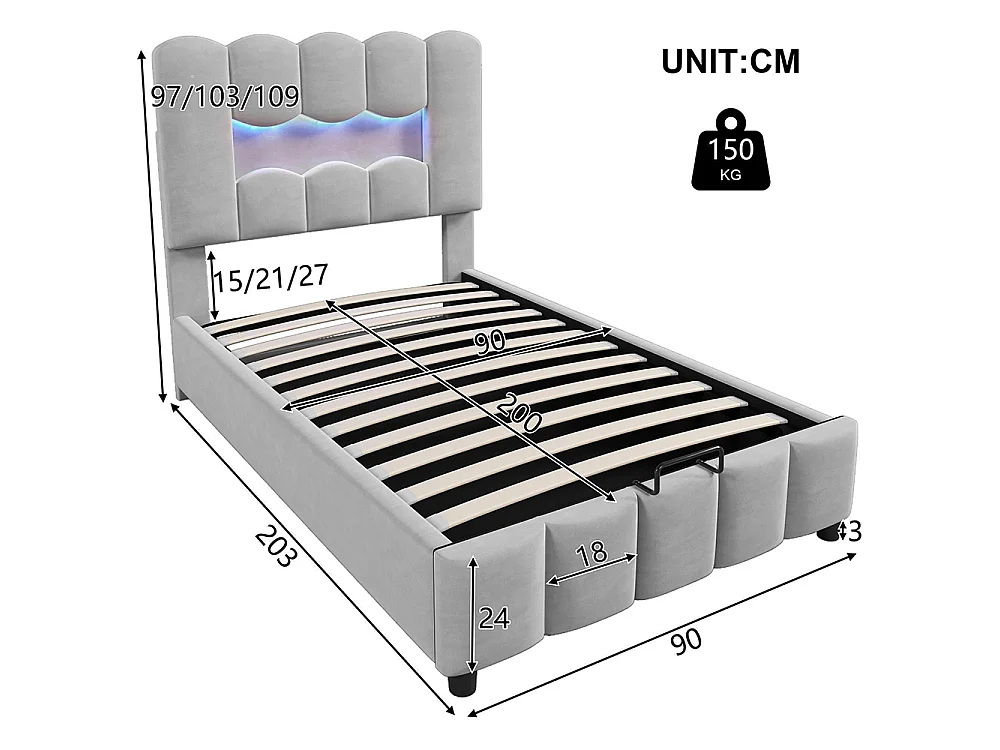 Lit coffre rembourré 90 x 200 cm - avec éclairage LED - tête de lit réglable - lit hydraulique avec rangement - velours - gris