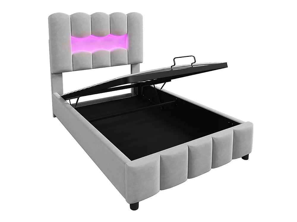 Lit coffre rembourré 90 x 200 cm - avec éclairage LED - tête de lit réglable - lit hydraulique avec rangement - velours - gris