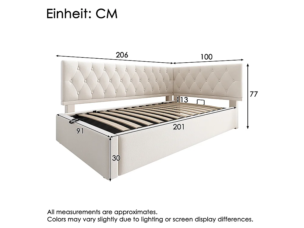 Lit coffre rembourré 90x200 cm - Canapé-lit avec rangement hydraulique - Lit enfant - Sommier à lattes - Velours - Beige