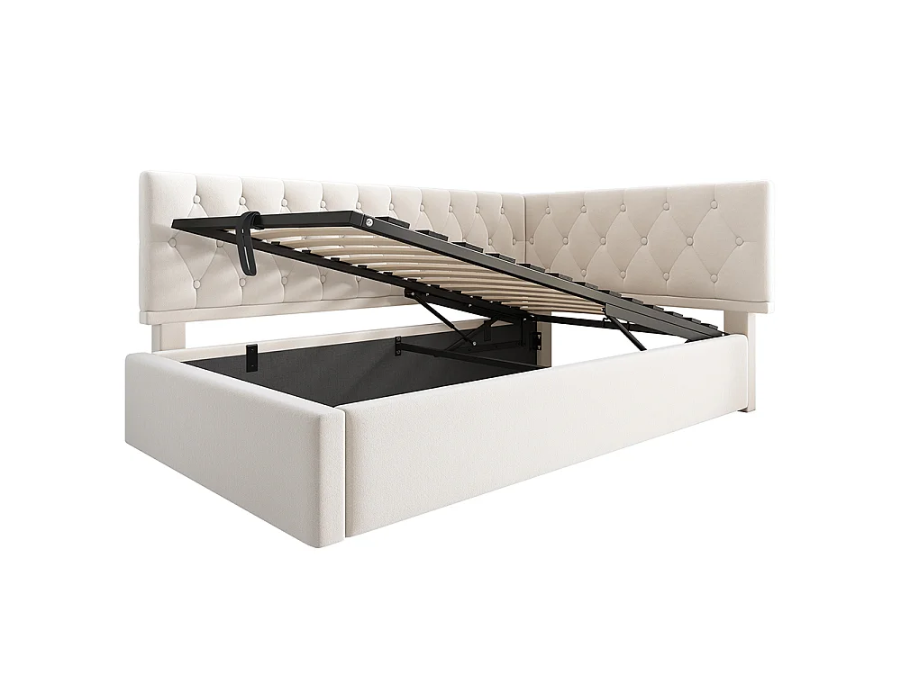 Lit coffre rembourré 90x200 cm - Canapé-lit avec rangement hydraulique - Lit enfant - Sommier à lattes - Velours - Beige