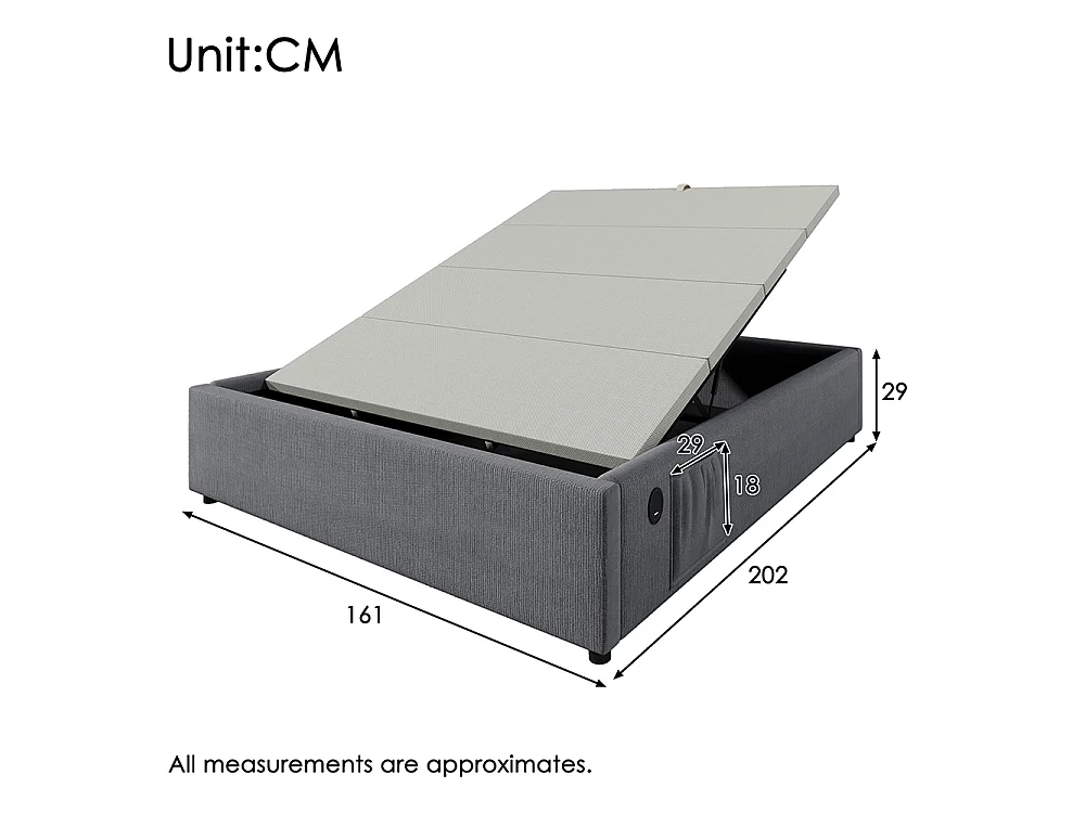 Lit coffre rembourré 160x200 cm - Prise USB C - Sommier à lattes - sans tête de lit - Lin - Gris