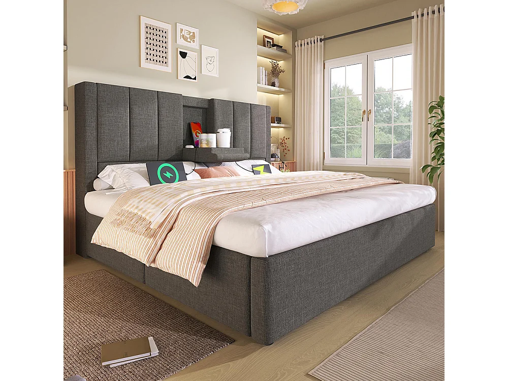 Lit coffre rembourré 140x200 cm avec porte-gobelet - Ports USB et Type C - Lit hydraulique avec rangement - Lin - Gris