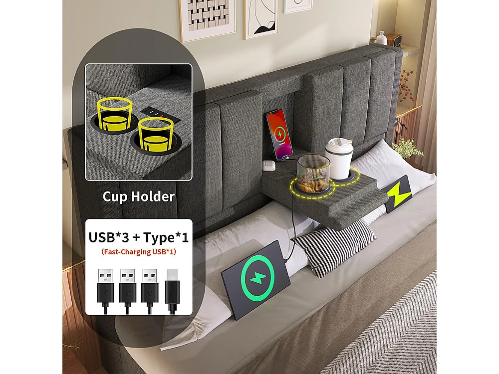 Lit coffre rembourré 140x200 cm avec porte-gobelet - Ports USB et Type C - Lit hydraulique avec rangement - Lin - Gris