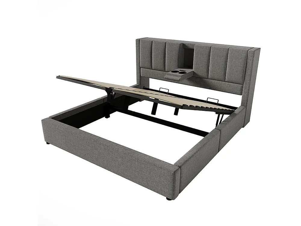 Lit coffre rembourré 140x200 cm avec porte-gobelet - Ports USB et Type C - Lit hydraulique avec rangement - Lin - Gris