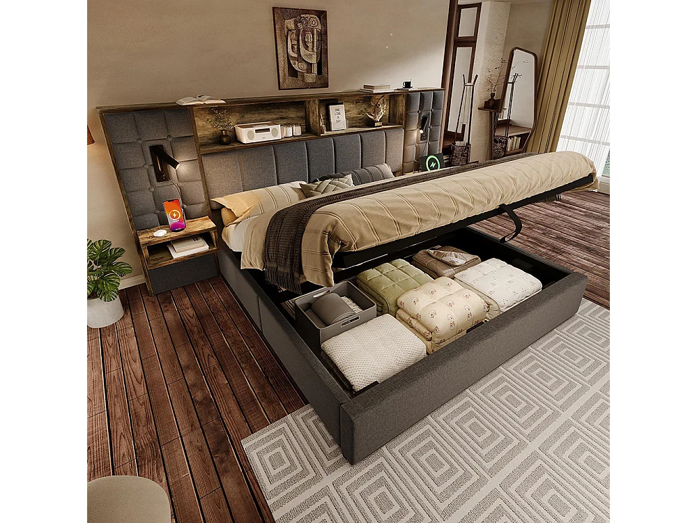 Lit coffre 180 x 200 cm avec éclairage LED et 2 lampes de lecture rotatives, 2 tables de chevet, USB Type-C, Tissu en lin, Sommier à lattes, Gris