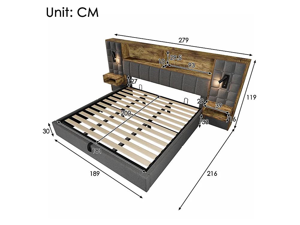 Lit coffre 180 x 200 cm avec éclairage LED et 2 lampes de lecture rotatives, 2 tables de chevet, USB Type-C, Tissu en lin, Sommier à lattes, Gris