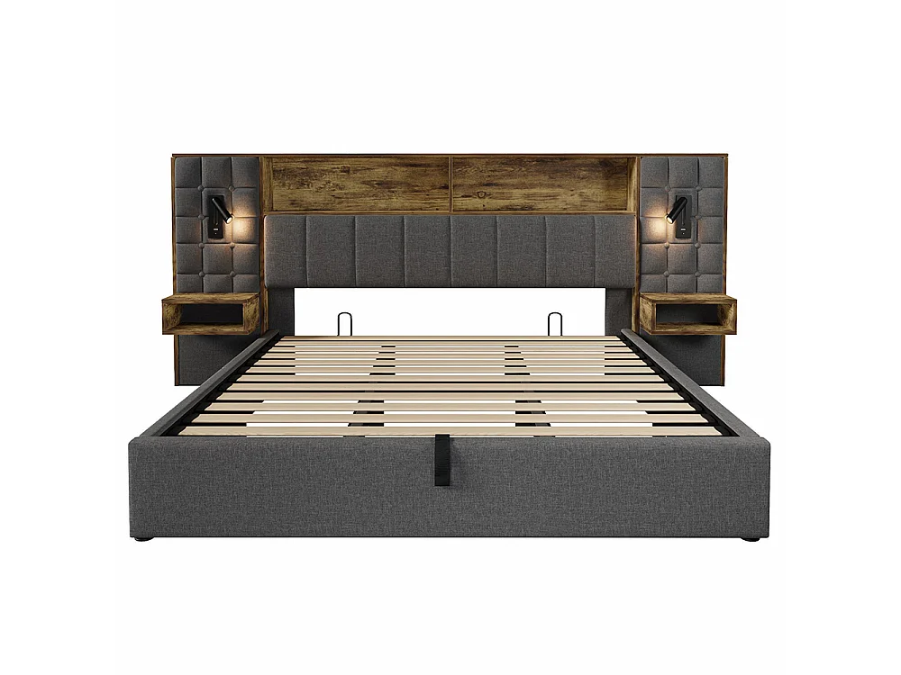 Lit coffre 180 x 200 cm avec éclairage LED et 2 lampes de lecture rotatives, 2 tables de chevet, USB Type-C, Tissu en lin, Sommier à lattes, Gris