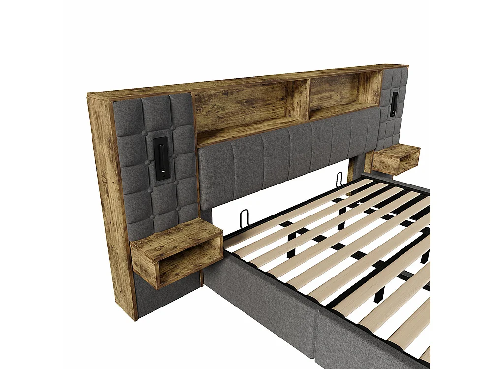 Lit coffre 180 x 200 cm avec éclairage LED et 2 lampes de lecture rotatives, 2 tables de chevet, USB Type-C, Tissu en lin, Sommier à lattes, Gris