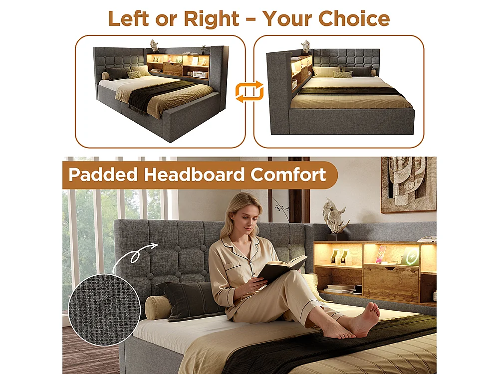 Canapé lit coffre 140 x 200 cm, éclairage LED et port USB-Type C, Tête de lit en L avec rangement, Sommier à lattes, Lin, Gris