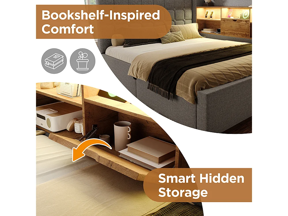 Canapé lit coffre 140 x 200 cm, éclairage LED et port USB-Type C, Tête de lit en L avec rangement, Sommier à lattes, Lin, Gris