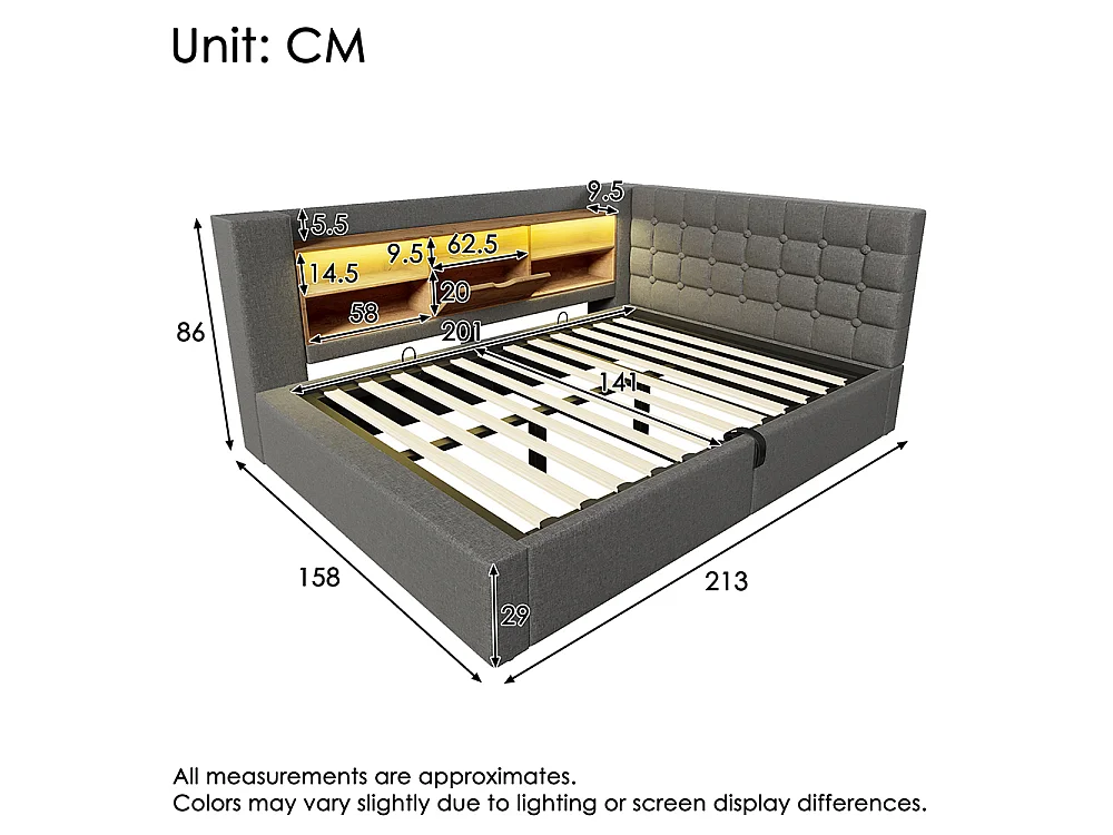 Canapé lit coffre 140 x 200 cm, éclairage LED et port USB-Type C, Tête de lit en L avec rangement, Sommier à lattes, Lin, Gris