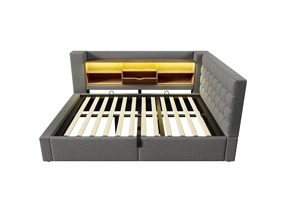 Canapé lit coffre 140 x 200 cm, éclairage LED et port USB-Type C, Tête de lit en L avec rangement, Sommier à lattes, Lin, Gris