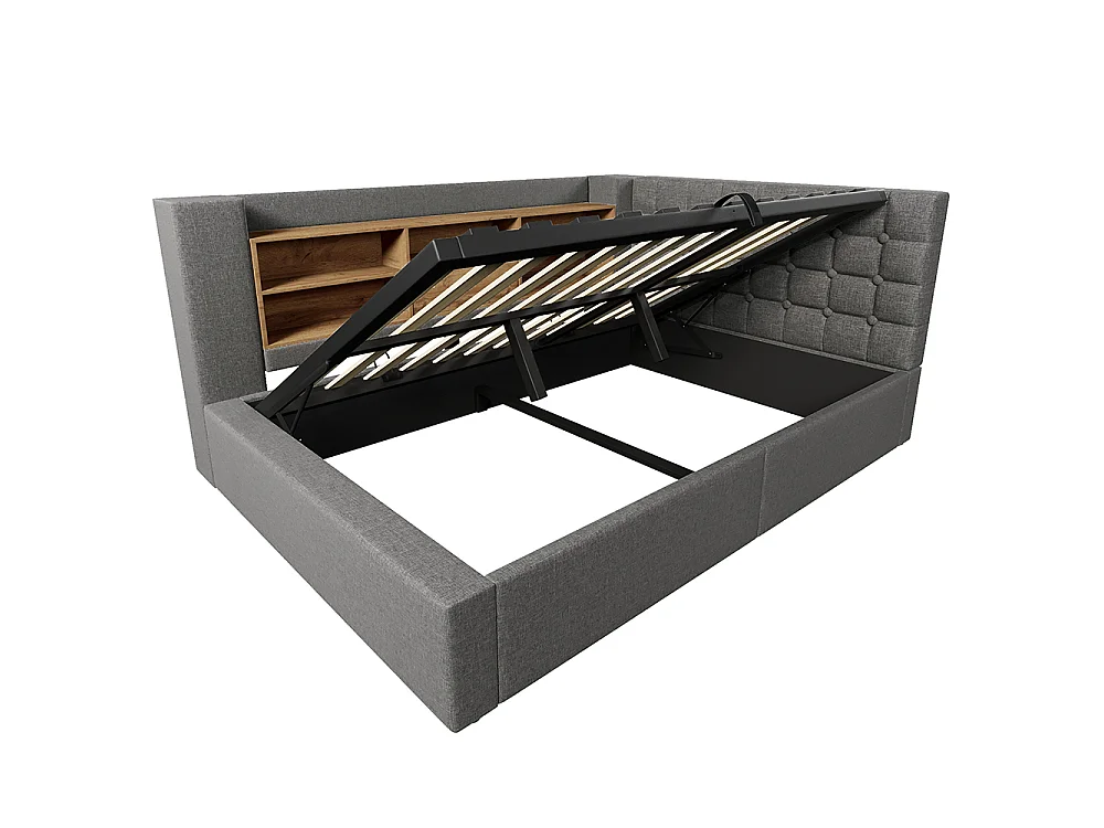 Canapé lit coffre 140 x 200 cm, éclairage LED et port USB-Type C, Tête de lit en L avec rangement, Sommier à lattes, Lin, Gris