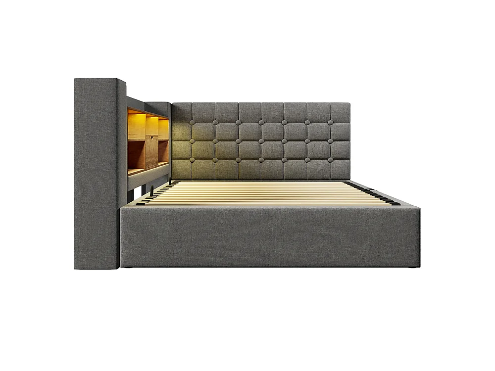 Canapé lit coffre 140 x 200 cm, éclairage LED et port USB-Type C, Tête de lit en L avec rangement, Sommier à lattes, Lin, Gris