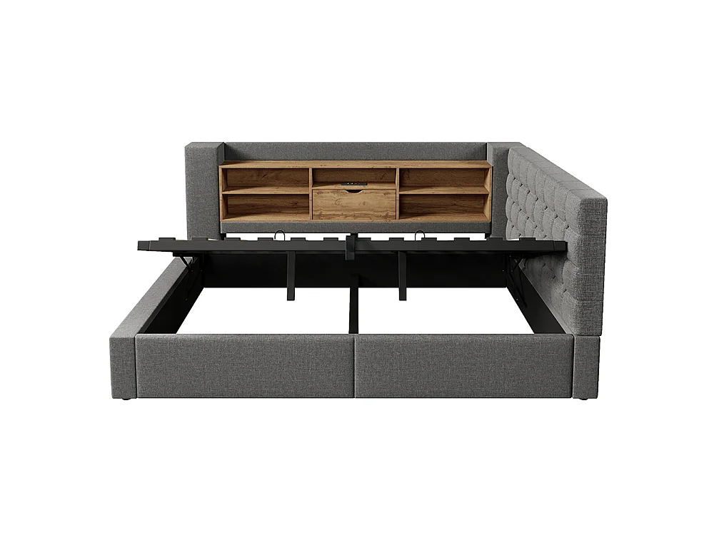 Canapé lit coffre 140 x 200 cm, éclairage LED et port USB-Type C, Tête de lit en L avec rangement, Sommier à lattes, Lin, Gris