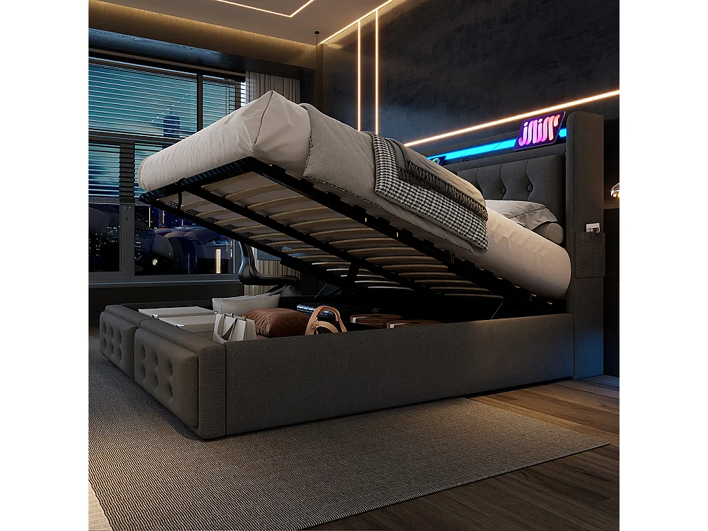 Lit Coffre 140 x 200 cm - avec LED et port USB-C - Tête de lit capitonné avec étagères ouvertes - Sommier à lattes - Gris - Coton