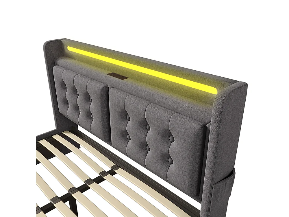Lit Coffre 140 x 200 cm - avec LED et port USB-C - Tête de lit capitonné avec étagères ouvertes - Sommier à lattes - Gris - Coton