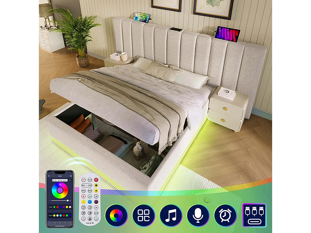 Lit coffre rembourré en lin 160x200 cm - App Control LED - Ports USB-C - Sommier à lattes - Beige